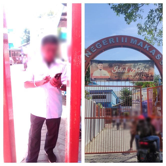 
					Kolase oknum security dan pagar sekolah SMAN 1 Makassar yang diduga turut bermain dalam masuknya siswa siluman seusai PPDB