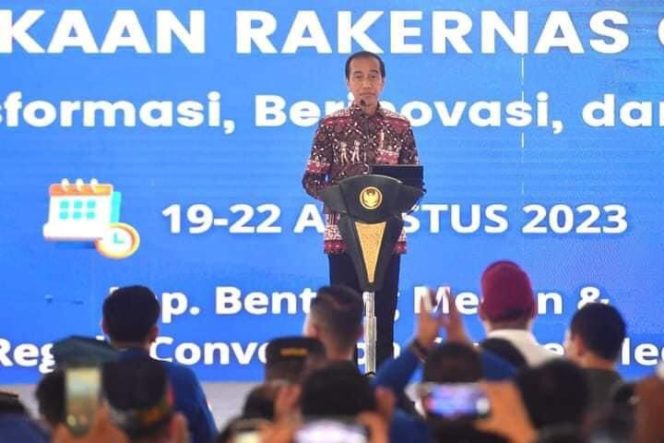 
					Presiden Joko Widodo menghadiri pengukuhan kepengurusan dewan pimpinan pusat (DPP) dan peresmian pembukaan rapat kerja nasional (rakernas) Gerakan Angkatan Muda Kristen Indonesia (GAMKI) Tahun 2023 di Lapangan Banteng, Kota Medan