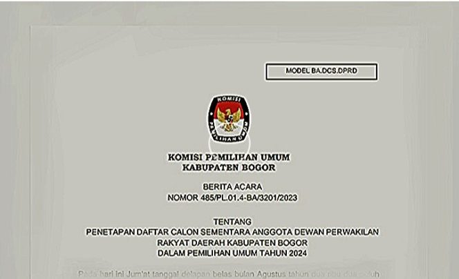 
					Komisi Pemilihan Umum (KPU) Kabupaten Bogor telah merilis Daftar Calon Sementara (DCS) bakal calon anggota Dewan Perwakilan Rakyat Daerah (DPRD) Kabupaten Bogor untuk Pemilu Serentak Tahun 2024