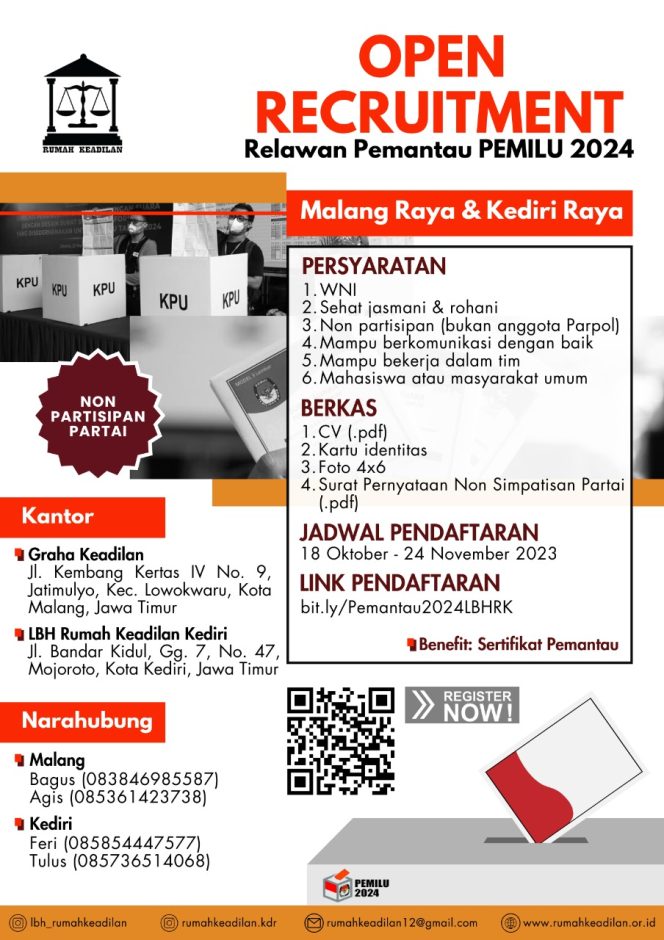 
					Brosur resmi LBH Rumah Keadilan untuk open recruitment relawan pemantau Pemilu 2024