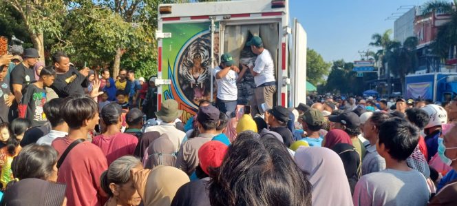 
					Masyarakat antre dalam pembagian ikan gratis oleh nelayan Juwana di Alun-Alun Simpang Lima Pati