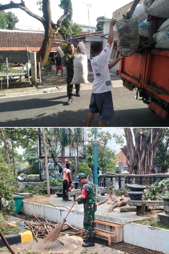 
					Serka Ikwan Nussofa dan Serda Supriyanto selaku babinsa Kelurahan Kestalan Koramil 02/Banjarsari Kodim 0735/Surakarta bersama warga dan petugas DLH melaksanakan kerja bakti bersih-bersih sampah dan perempelan pohon rawan tumbang di lingkungan warga kp Kandang Doro RW 6 Kelurahan Kestalan, Kecamatan Banjarsari