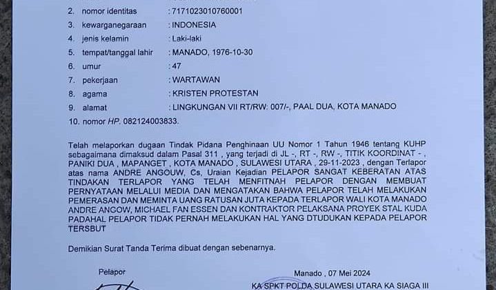 Laporan polisi Arthur mumu.kepada Walikota Manado, Andrei Angouw