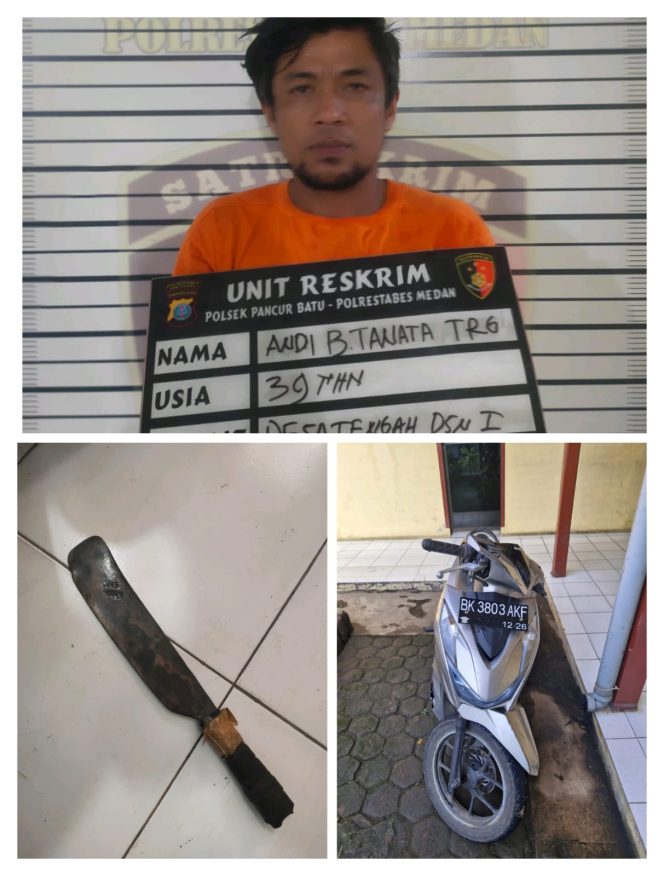 
					Pelaku pemerasan dan pembacokan beserta barang bukti yang diamankan Unit Reskrim Polsek Pancur Batu