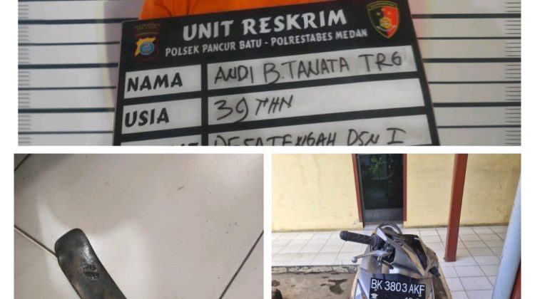 Pelaku pemerasan dan pembacokan beserta barang bukti yang diamankan Unit Reskrim Polsek Pancur Batu