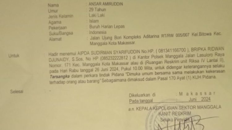 Surat panggilan pemeriksaan dari Polsek manggala terkait dugaan tindak pidana pengeroyokan
