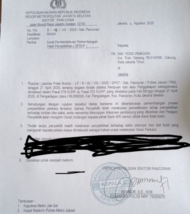 
					Bank Rakyat Indonesia (BRI) yang seharusnya menerangkan milik rekening penipu tidak hadir atau mangkir dari panggilan polisi

