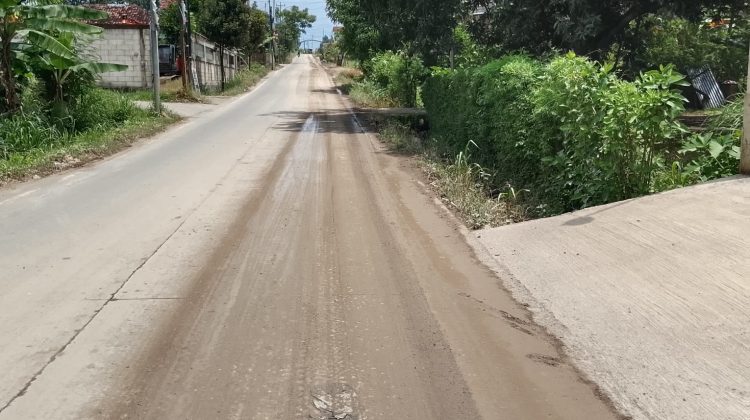 Ceceran material tanah aktifitas tambang galian c di sepanjang jalan Tanjung Rejo khususnya di sebelah TPA Tanjung Rejo dinilai sangat memprihatinkan dan membahayakan pengguna jalan. (Foto:wkn)
