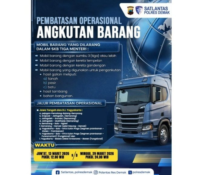 
					Satlantas Polres Demak resmi mengumumkan kebijakan pembatasan operasional kendaraan angkutan barang sumbu tiga atau lebih di wilayah hukum Kabupaten Demak. (Foto:Dok. Demakkab/Satlantas Res Demak)
