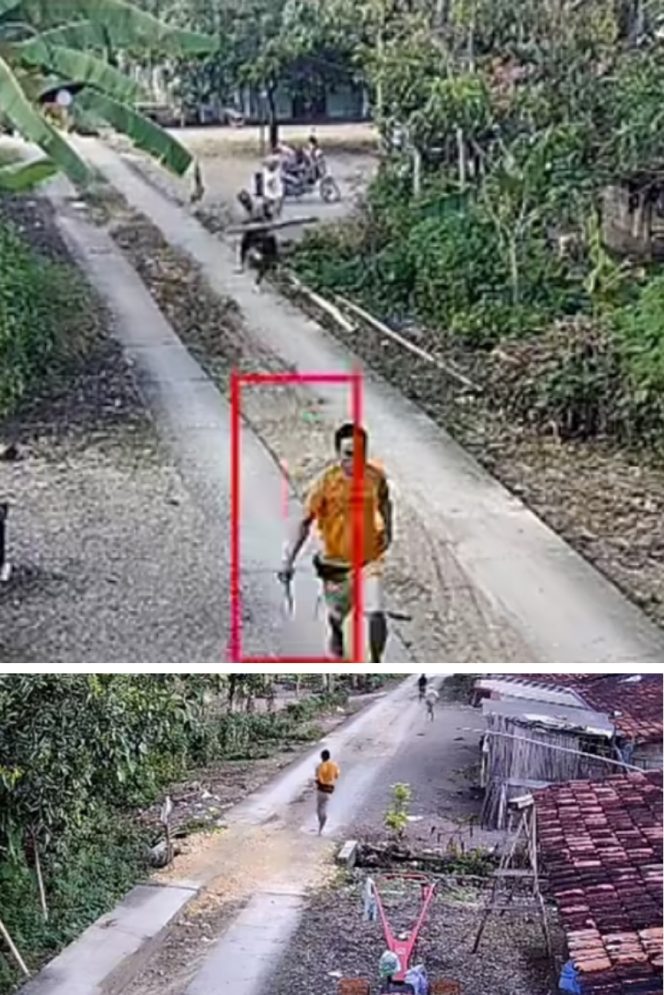 
					Dalam video yang beredar di media sosial, aksi brutal pelaku yang diduga ODGJ menyerang warga dengan menggunakan sebilah parang. (Kolase:Tangkap Layar Video CCTV)

